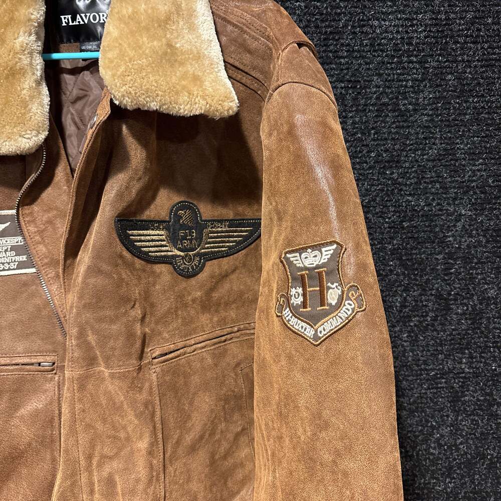 FLAVOR Men's Leather Flight Bomber Jacket Aviator Brown Extra Large Zip Front - Picture 3 of 5